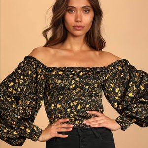 Lulu’s Black Floral Print Off The Shoulder Crop Top